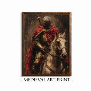 Stampa del cavaliere medievale su cavaliere del cavallo, pittura del Medioevo oscuro, arte digitale stampabile, download istantaneo