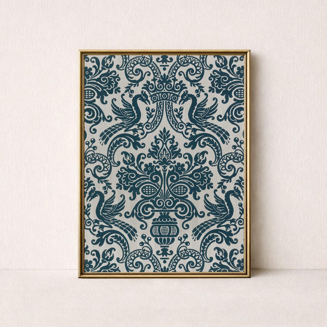 Vintage Cottagecore Wall Art Printable, Victorian Blue Bird Damask ...