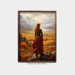 Medieval Woman Print, Middle Age Scotland Castle Fall Landscape Painting, Printable Digital Art, Instant Download