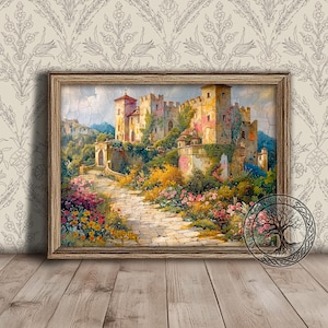 Impression de château médiéval de l'Europe, peinture de tour du Moyen-Âge, art mural imprimable, téléchargement immédiat