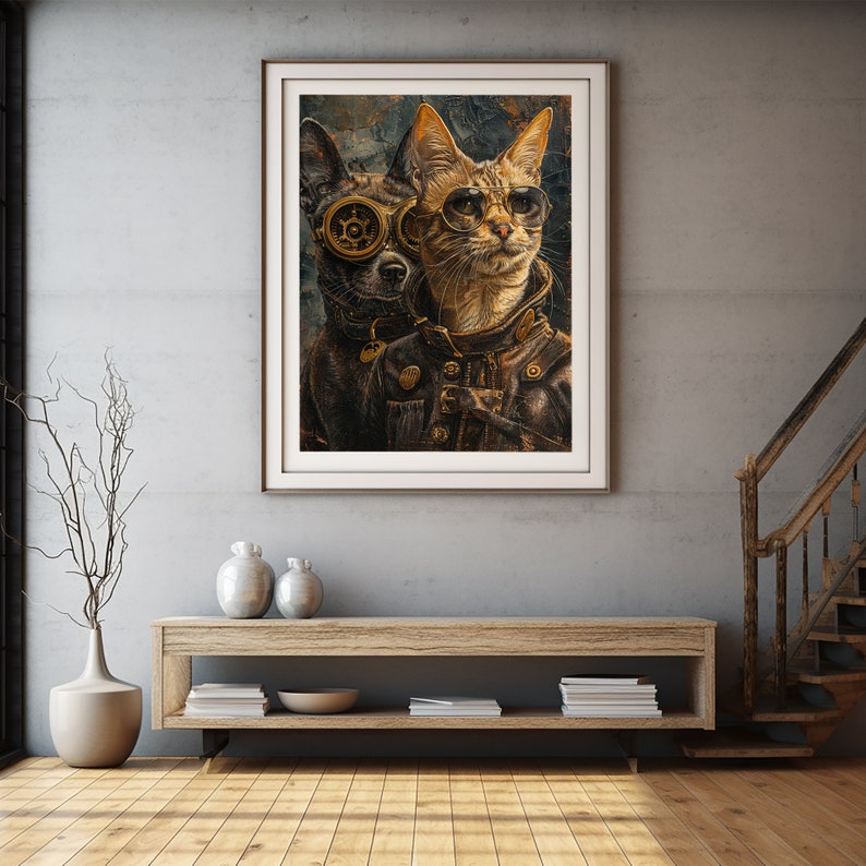 Steampunk Animal Print, Cat and Dog Fantasy Painting, Printable Digital