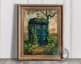St Patrick&#39;s Day Prints, Tardis Clover Painting, Dr Who Print, Printable Digital Art, Instant Download