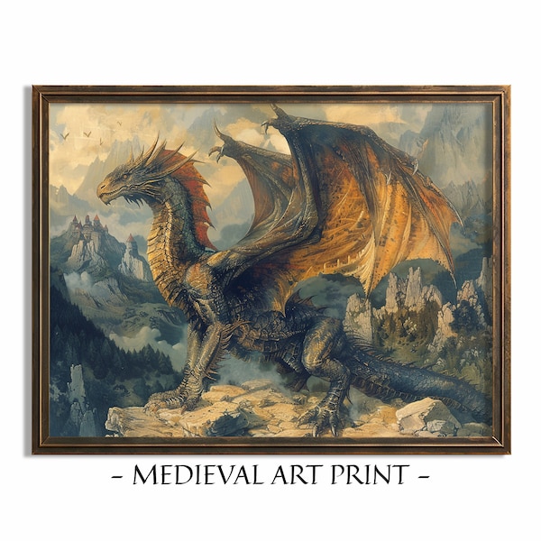 Medieval Dragon Print, Middle Age Painting, Printable Digital Art, Instant Download