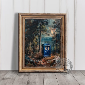 Dr Who Tardis Druck, stimmungsvolle Waldlandschaft, druckbare digitale Fanart, Instant Download