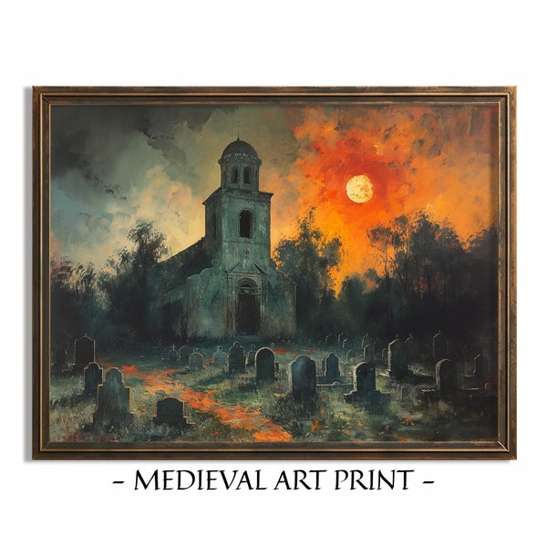 Night Gothic Church Print, Medieval Old Church Graveyard Painting, Chapel Printable Wall Art, Instant Download