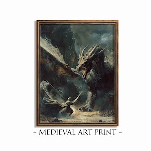 Knight Fighting Dragon Painting, Medieval Knight Print, Printable Dragon Wall Art, Digital Download
