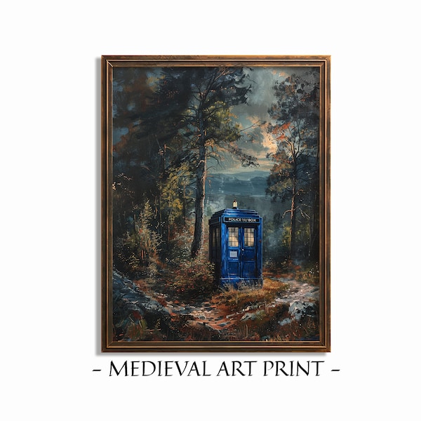 Dr Who Tardis Print, Moody Forest Landscape Painting, Printable Digital Fan Art, Instant Download