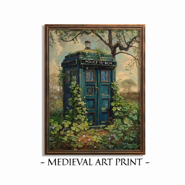 St Patrick's Day Prints, Tardis Clover Painting, Dr Who Print, Printable Digital Art, Instant Download