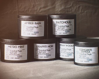 Série INDUSTRIAL PEOPLE ~ boîtes de conserve en métal vieilli ~ 200 g de cire de soja parfumée chacune