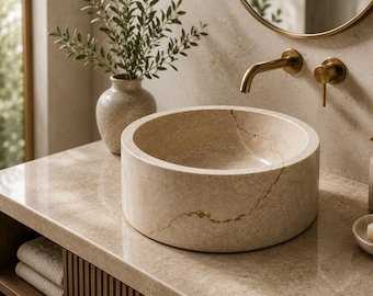 Rundes Waschbecken aus Beige Marmor