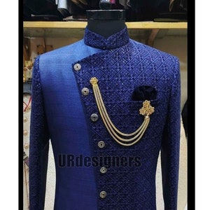 Blue Velvet Sequined Sherwani Suit: Diwali Wedding Royal Look