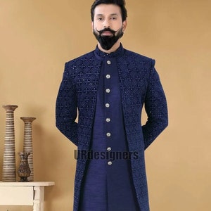 Diwali Special Blue Velvet Sequins Square Work Prince Indo Western Suit With Blue Silk Trouser For Royal look in Wedding, Reception