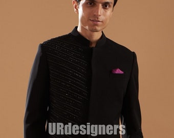 Svart pärlhandgjord prinskostym: Slim fit, jodhpuri-kostym, för bröllopsbrudgummens outfit