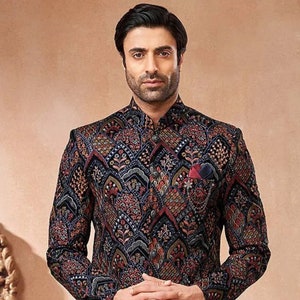 Costume prince Jodhpuri : broderie Resham multicolore, manteau en velours