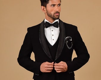 Sparkling Black Tuxedo Suit, Beaded Handcrafted, with Trouser for Prom, Wedding, Party