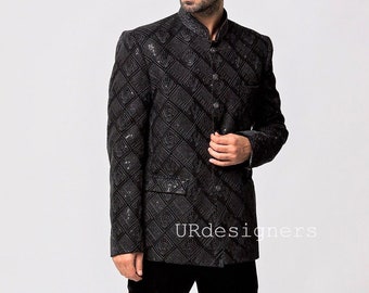 Black Sequin Zari Work Jodhpuri Suit, Slim Fit Italian Cut