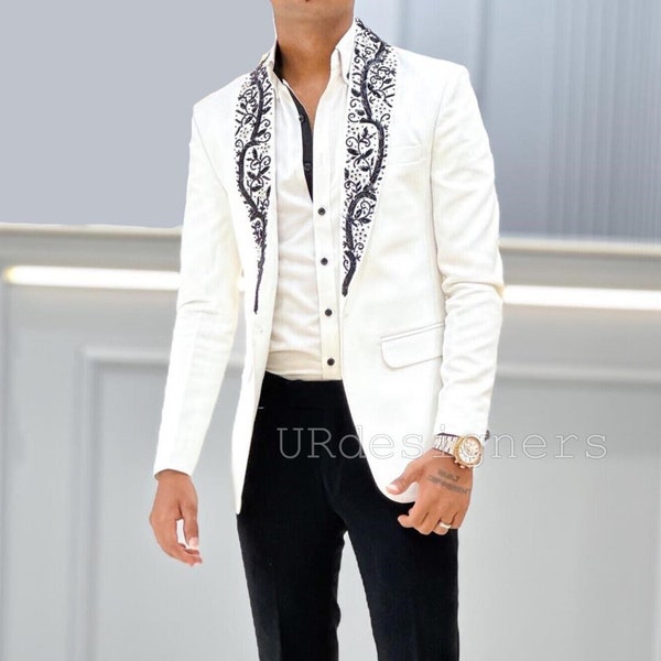 White Designer Tuxedo Suit With Sequins and Pearl Handwork on Satin Lapel & Trouser for Prom, Wedding, Party, Reception, Groom, Gifts, Dance