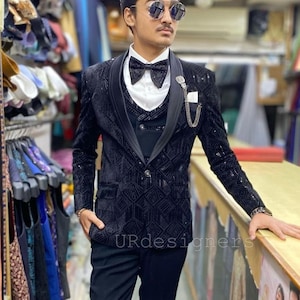 Black Sparkling Prince Tuxedo Suit With Black Sequins Needle Embroidery Work For Prom, Wedding, Dance Event, DJ Party, Reception, Gifts