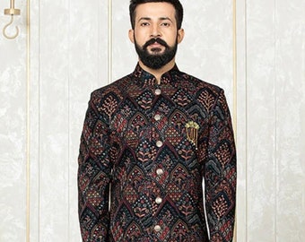Multicolor Resham Embroidery Velvet Sherwani Suit: Slim Fit Wedding Outfit
