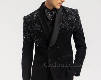 Black Allover Sparkling Sequins Handwork Double Breasted Black Tuxedo Suit With Satin Lapel & Trouser for Prom, Wedding, Party, Groom, Gift