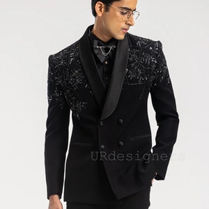 Black Allover Sparkling Sequins Handwork Double Breasted Black Tuxedo Suit With Satin Lapel & Trouser for Prom, Wedding, Party, Groom, Gift