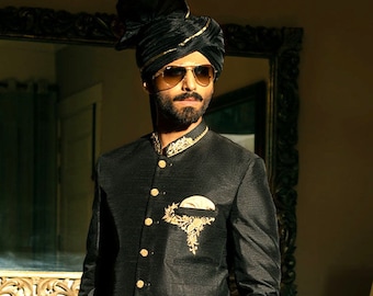 Black Silk Jodhpuri Suit: Golden Handwork, Slim Fit (2 Piece)