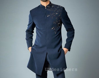 Navy Blue Sequins Zari Work Prince Indowestern Sherwani Suit With Trouser For Popular Classic look in Party, Wedding, Festivals (2 Piece)