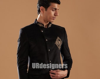 Black Velvet Jodhpuri Suit: Copper Eagle Handwork, Slim Fit (2 Piece)