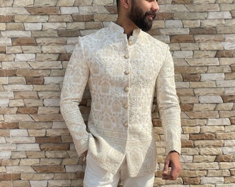 Ivory Prince Jodhpuri Suit With Golden Sequins Embroidery And Paper Mirror Work For Prom, Wedding, Ring Ceremony, Dance Event, Reception