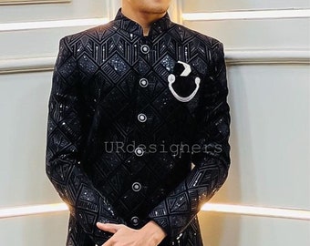 Sparkling Black Sherwani Patiala Suit With Black Sequins Needle Embroidery Work For Wedding, Dance Program, DJ Party, Dance Function