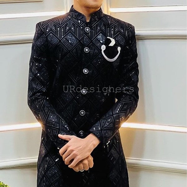 Sparkling Black Sherwani Patiala Suit With Black Sequins Needle Embroidery Work For Wedding, Dance Program, DJ Party, Dance Function