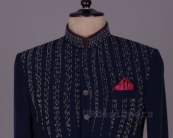 Funkelnder Marineblauer Bandhgala-Anzug: Handarbeits-Designer-Party-Outfit mit gleichfarbiger Hose
