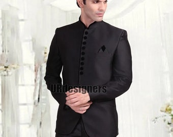 Black Prince Jodhpuri Suit: Velvet Button Prom Suit
