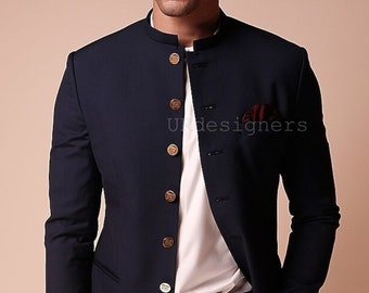 Stylish Slim Fit Navy Blue Prince Jodhpuri Suit With Same Color Trouser For Men For Reception, Party, Wedding, Festivals, Gifts (2 Piece)