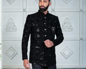 Designer Black Jodhpuri Suit: Sequined Embroidery, Slim Fit