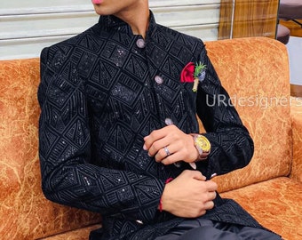 Sparkling Designer Black Jodhpuri Suit With Black Sequins and Square Embroidery Work For Prom, Wedding, Dance, Festivals, Reception, Party