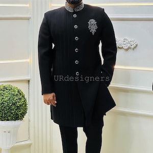 Wedding Special Black Indowestern Sherwani Suit With Thread Needle Handwork With Trouser Wedding, Dance Program, DJ Party, Dance Function