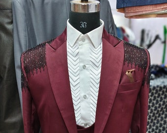 Burgundy Tuxedo Suit With Sparkling Black Pearl Handwork With & Same Color Pant for Prom, Wedding, Party, Reception, Groom, Dance, Gift