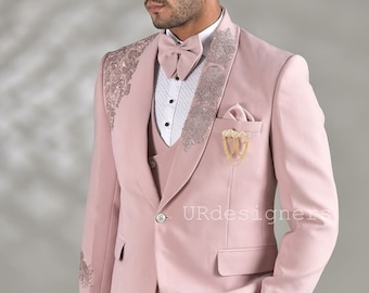 Prom Special Dusty Pink Handwork Tuxedo Suit With Same Color Trouser for Wedding, Party, Reception, Groom, Festivals, Gifts