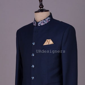 Navy Blue Prince Jodhpuri Suit With Flower Design Handwork on Collar & Same Color Trouser For Men For Party, Wedding, Festivals, Gifts