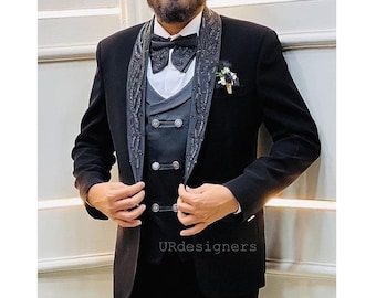 Designer Black Tuxedo Suit With Sequins and Pearl Handwork on Satin Lapel & Trouser for Prom, Wedding, Party, Reception, Groom, Gifts, Dance