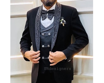 Sparkling Black Tuxedo Suit, Beaded Handcrafted, Satin Lapel, with Trouser for Prom, Wedding, Party