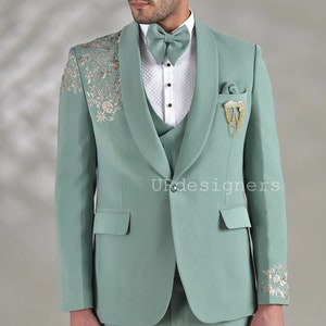 Prom Special Mint Green Handwork Tuxedo Suit With Same Color Trouser for Wedding, Party, Reception, Groom, Festivals, Gifts