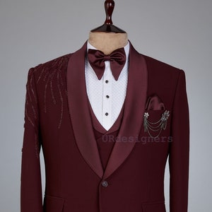 Burgundy Handcrafted Tuxedo Suit for Men, With Satin Lapel And Same Color Trouser for Prom, Wedding, Party, Reception, Groom, Gifts, Club