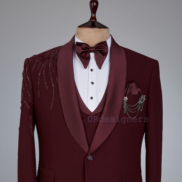 Burgundy Handwork Tuxedo Suit With Satin Lapel And Same Color Trouser for Prom, Wedding, Party, Reception, Groom, Festivals, Gifts