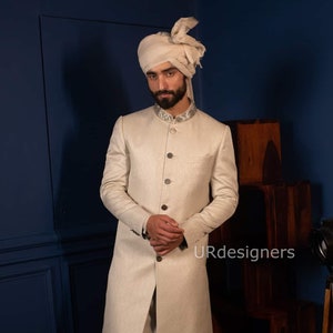 Designer Special Ivory Sherwani Suit With Silver Glass Pipe Handwork on Collar For Groom, Wedding, Dance Program, DJ Party, Reception, Gift