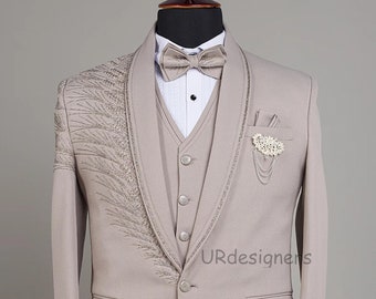 Light Grey Tuxedo Suit, Silver Embroidery Handcrafted, with Trouser for Prom, Wedding, Party