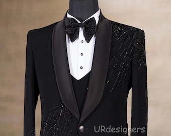 Sparkling Black Tuxedo Suit, Beaded Handcrafted, Satin Lapel, with Trouser for Prom, Wedding, Party