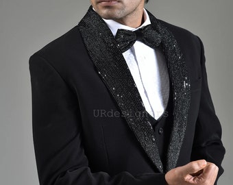 Black Tuxedo Suit, Sequins Handcrafted Lapel, with Trouser for Prom, Wedding, Party