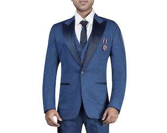 Party Special Royal Blue Slim Fit Suit For Men With Satin Lapel For Wedding Party, Gift, Cocktail Party, Men's Gift, Christmas, New Year